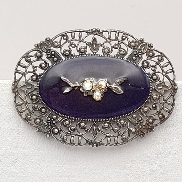 Vintage Catherine Popesco Art Deco Black Enamel AB Rhinestones Brooch - Picture 6 of 9